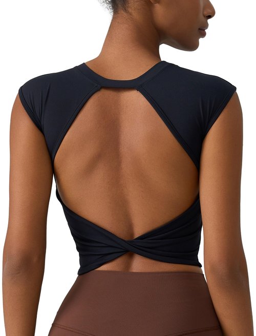ABOCIW Workout Tops for Women Built in Bra Open Back Longline Sports Bras Cap Sleeve Athletic Yoga Crop Top Gym T Shirts Black Medium
