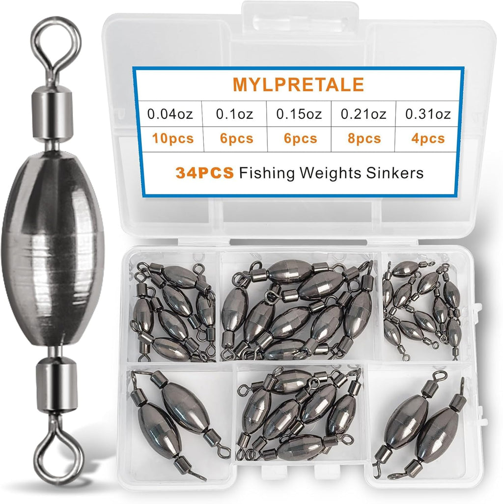 Skiennix 34Pcs Fishing Weights Kit - Brass Sinkers & Rolling Swivels for Saltwater & Freshwater