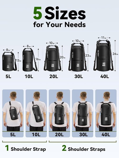 HEETA Waterproof Dry Bag - Lightweight Roll Top Storage with Zippered Pocket | 5L/10L/20L/30L/40L for Travel, Kayaking, Camping