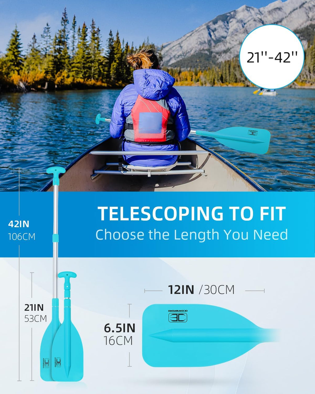 OCEANBROAD Telescoping Emergency Paddle - Adjustable 21'' to 42'' | Durable Aluminium Shaft for Kayaking & Canoeing