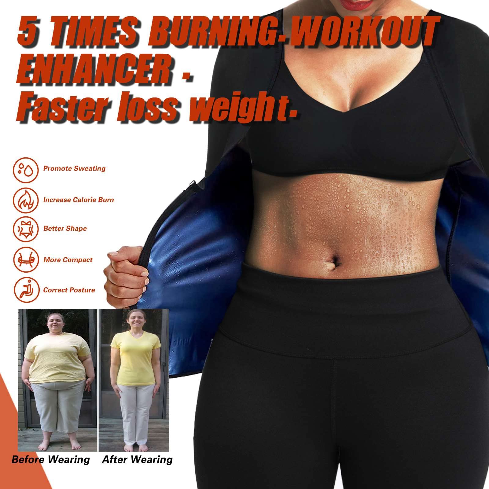 Sauna Suit Shirt for Women Sweat Vest Waist Trainer Long Sleeve Workout Thermal Top Zipper Long Sleeve L