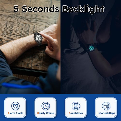 TIMEURE Men's Pedometer Watch with Stainless Steel Bracelet, Step Counter Watch, No App, No Charging Needed for Outdoor Walking, Calorie, Distance, Alarm, Countdown Timer TU-2306B