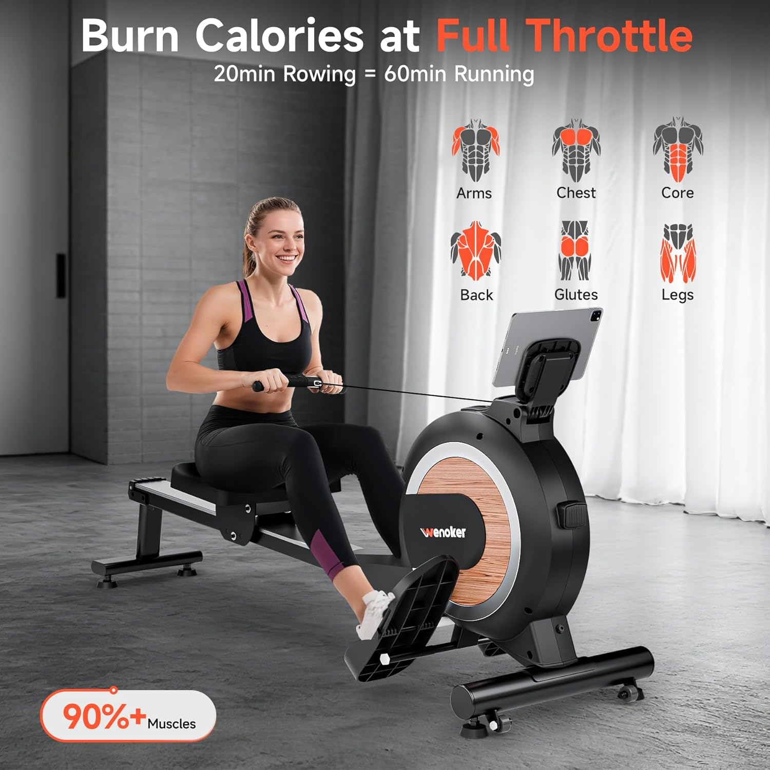 Wenoker Magnetic Rower Machine - App-Supported, 350 LB Capacity | Smooth & Quiet with LCD Monitor