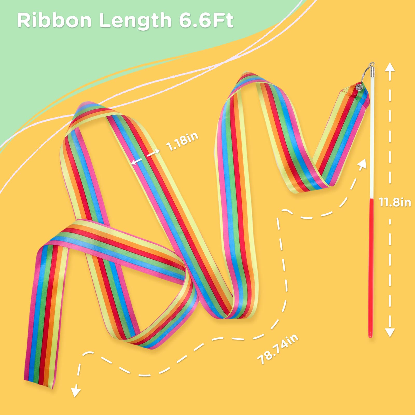 HiUnicorn 12PCS Rainbow Party Favors Dance Ribbons for Kids Circus Carnival Rhythmic Gymnastics Birthday Party Decoration Supplies, Ribbon Baton Twirling Sticks Silks Streamers Wands for Girls