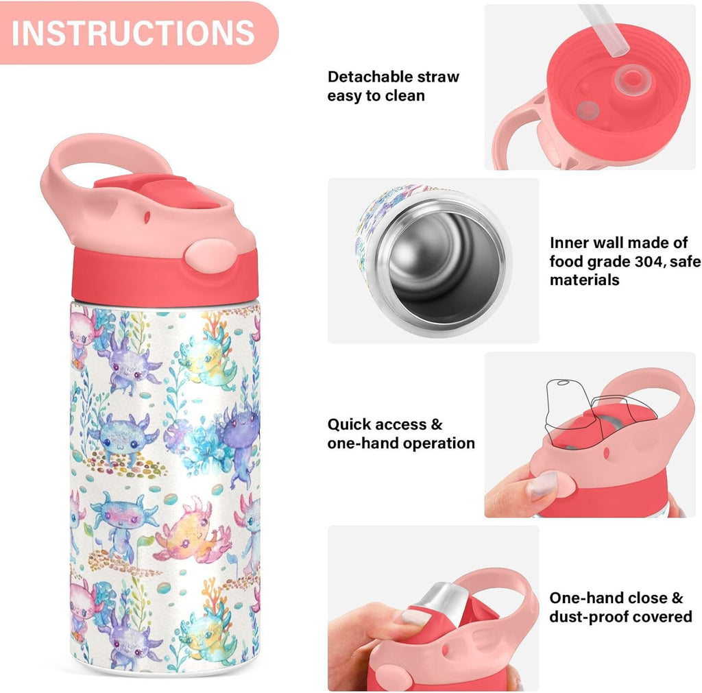 Skiennix Cute Axolotl Stainless Steel Water Bottle - 12 Ounce Vacuum Insulated for Kids