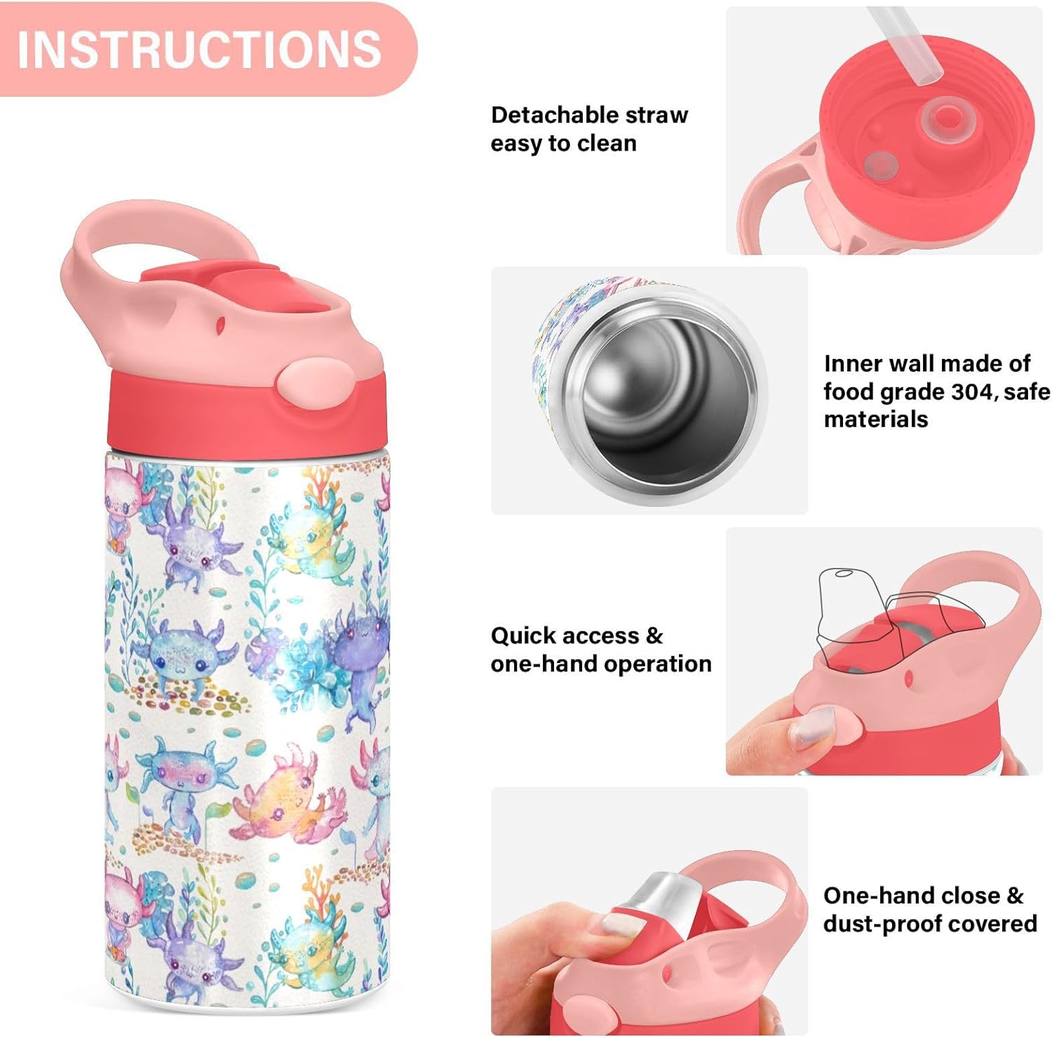 Skiennix Cute Axolotl Stainless Steel Water Bottle - 12 Ounce Vacuum Insulated for Kids