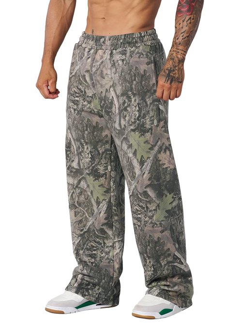 Ogfao Men's Baggy Camo Sweatpants Wide Leg Hunting Loose Joggers Workout Athletic Sweat Pants wtih Pockets Green M