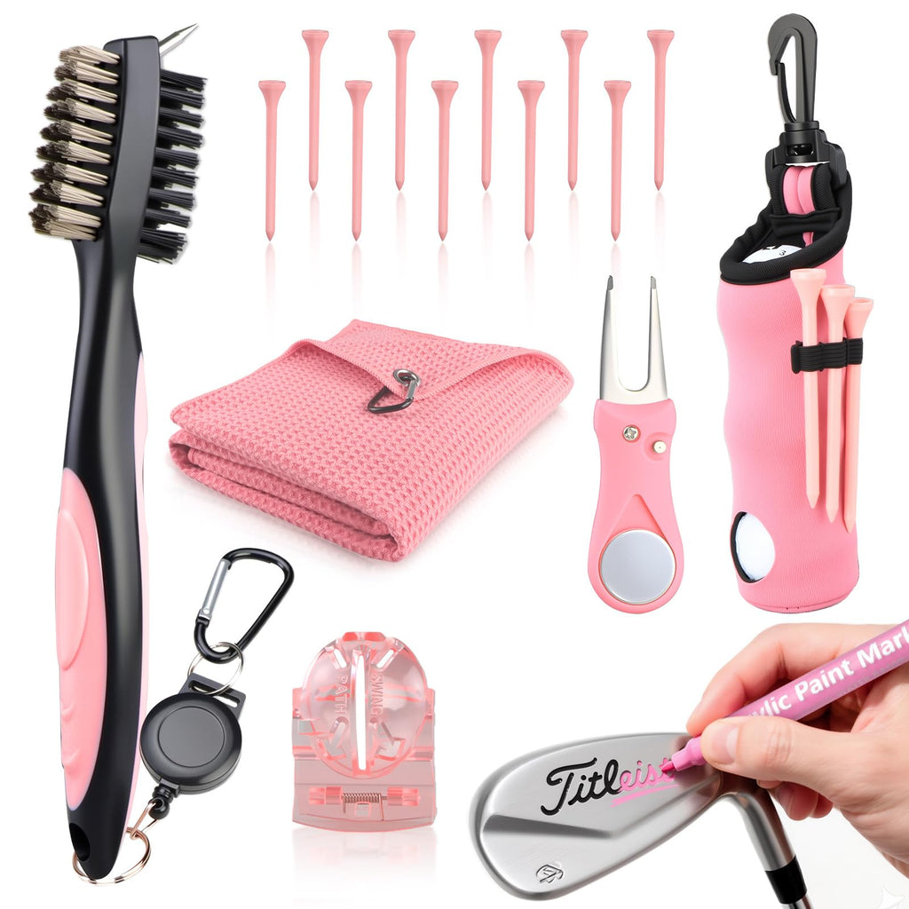 Pink Golf Accessories for Women, Acrylic Paint Ink 16 Pcs Golf Essentials Kit - Golf Club Brush & Golf Towel, Tee & Ball Holder for Bag, Divot Tool & Ball Maker, Golf Club Cleaning Kit - Golf Gifts