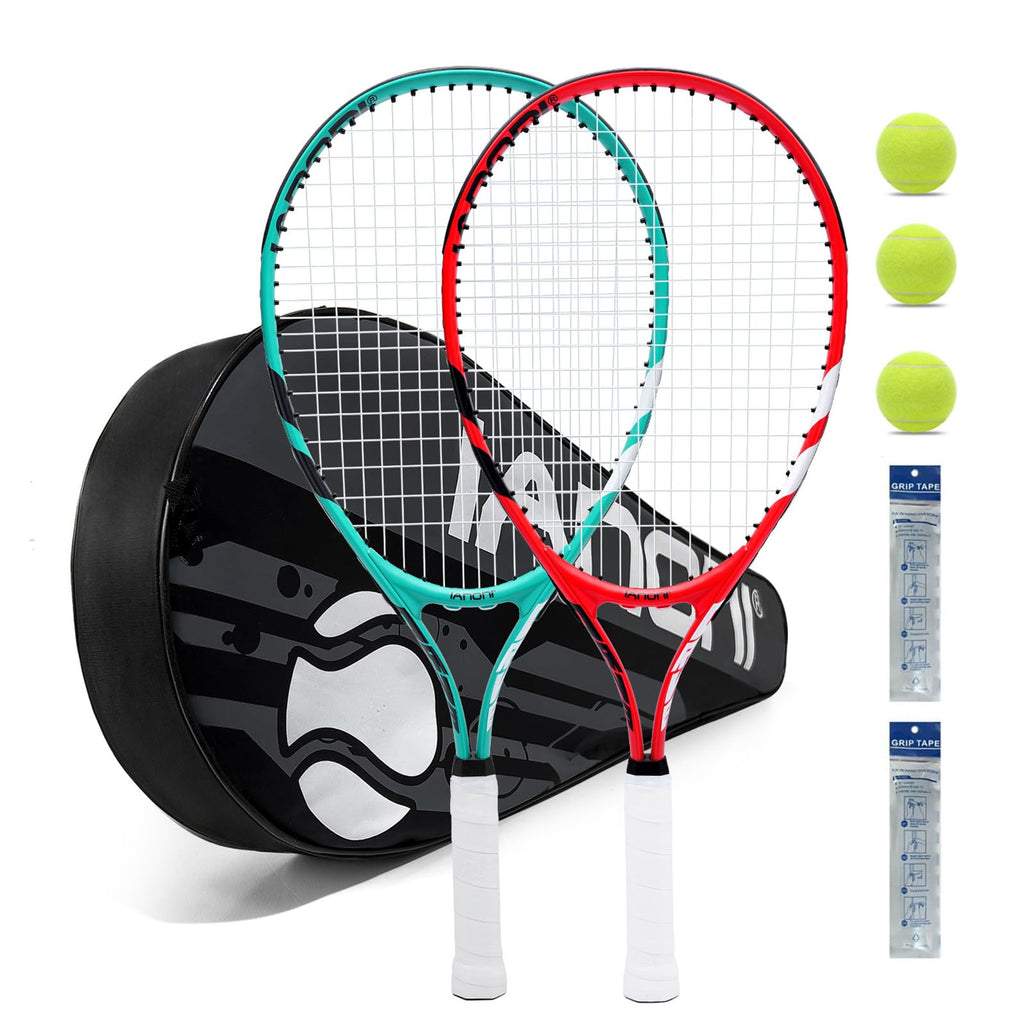 Tennis Racket for Kids 23'' Kid's Tennis Racquet Set of 2-2 Chird Tennis Rackets with 3 Balls,2 Grips,2 Vibration Dampers(Red and Green)
