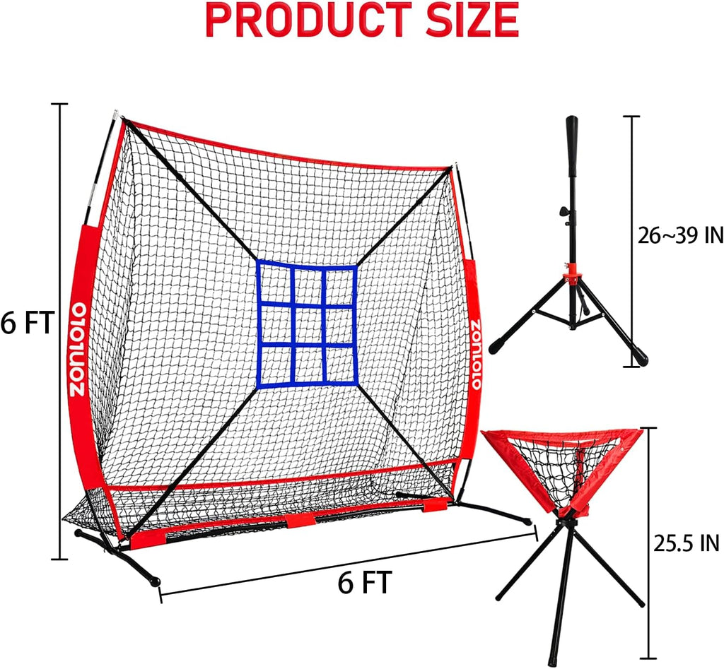 Skiennix 6x6ft Portable Baseball & Softball Net - Sturdy Bow Frame with Batting Tee & Ball Caddy