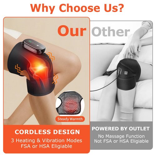 FlareMore Cordless Heated Knee Massager with Vibration for Pain Relief, Heated Knee Brace Wrap, 3 in 1 Knee Heating Pad with 3 Heating Levels, 3 Massage Modes