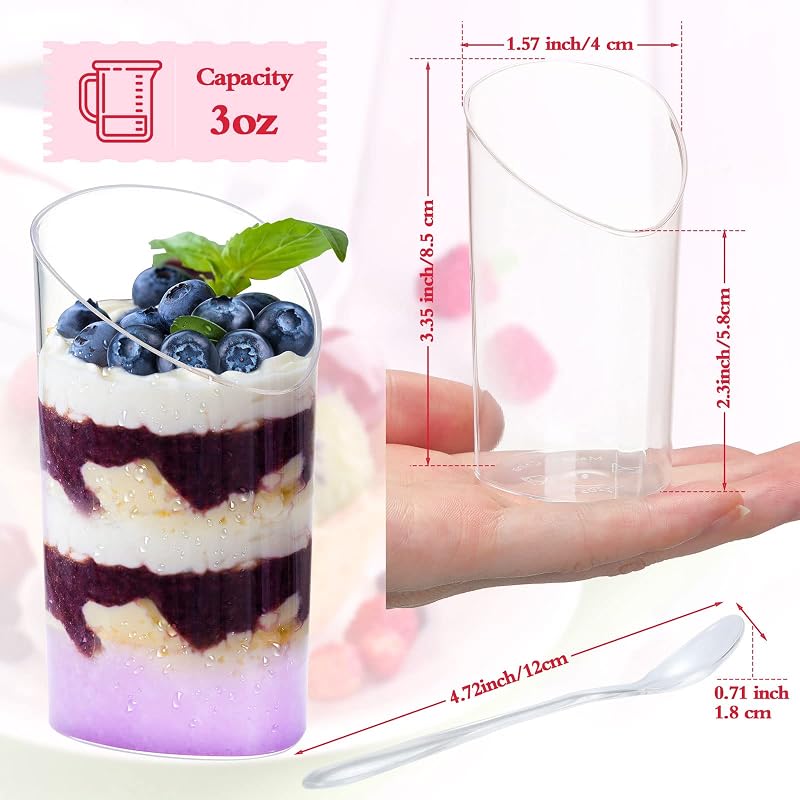 Chengu 100 Pack 3 oz Slanted Round Dessert Cups with Spoons - Clear