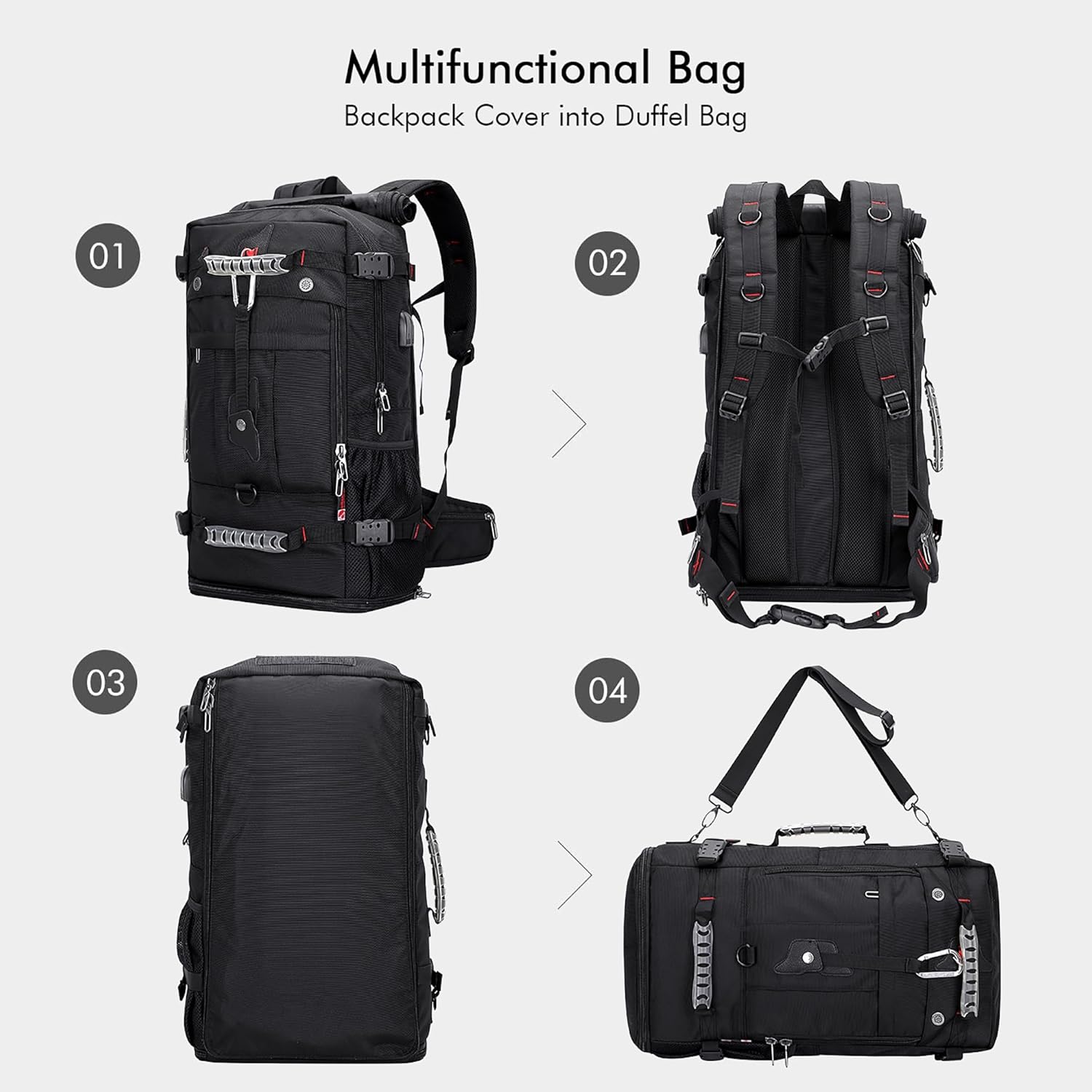 WITZMAN Travel Backpack - Convertible Duffle Luggage for 17-Inch Laptop | Black Carry-On Bag