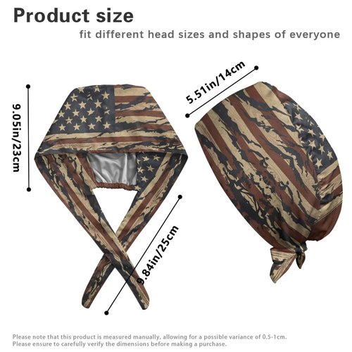 Babrukda 2 Pack Skull Hats for Women Men Scrub Cap with Sweatband Adjustable Tie Back Hats Head Hair Cover Coat American Flag Beanie with Knot Headgear for Outdoor Indoor