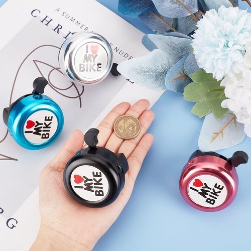 CREATCABIN I Love My Bike Bicycle Bell Classic Aluminum Bike Bells Ring Loud Crisp Sound Cycling Bell Small Black Handlebars Bells with 4Pcs Resin Stickers for Road Mountain Bike Accessories 2x2Inch