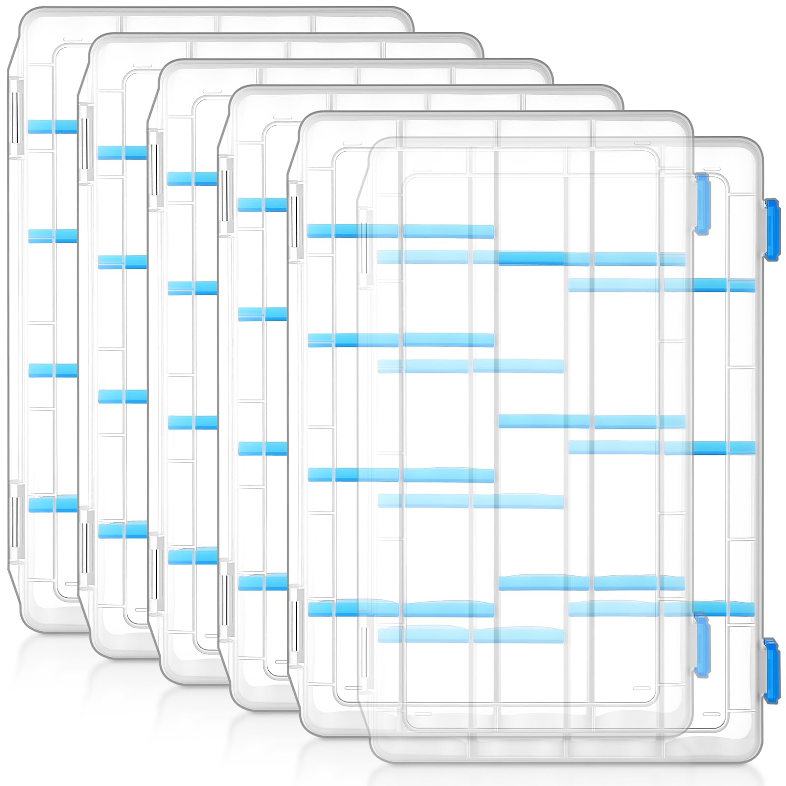 Wonderjune 6 Pack 3600 Tackle Boxes Fishing Tackle Trays with Removable Dividers Waterproof Plastic Fishing Lure Clear Organizer Box Storage Trays for Bait Lure Parts Bead Small Tools