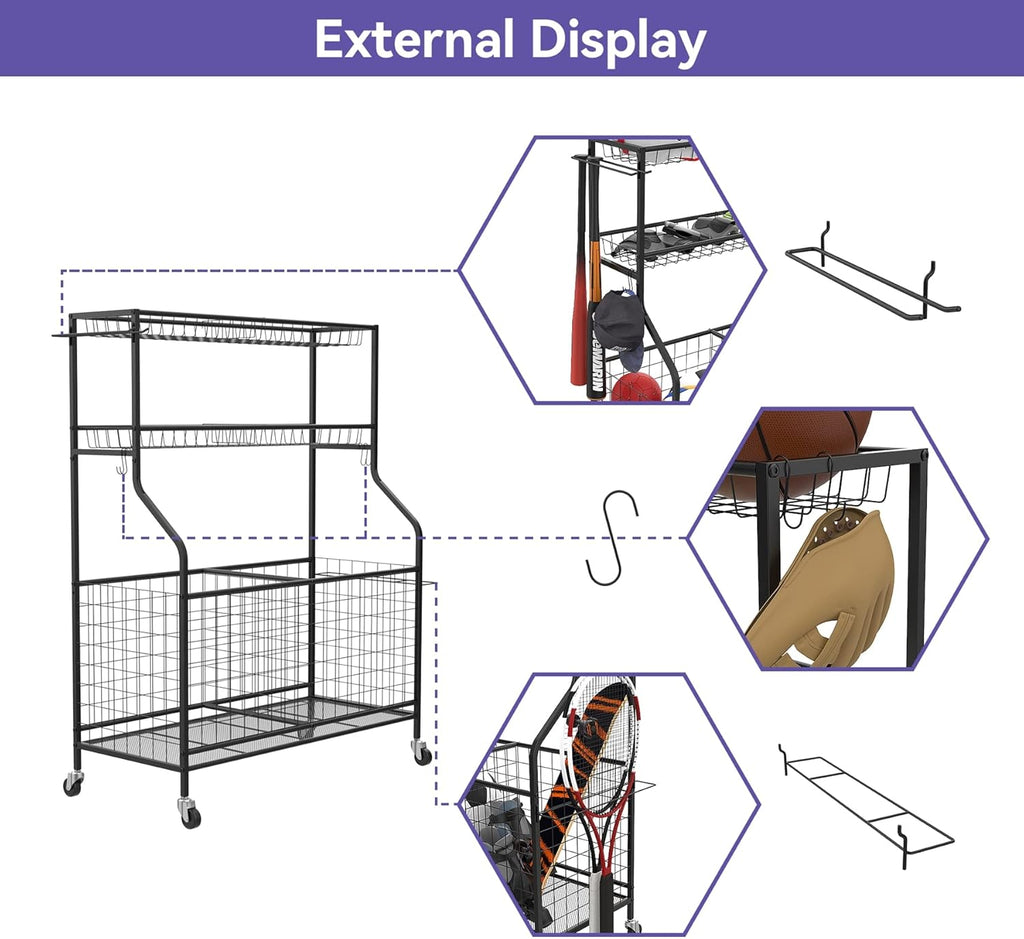 WALMANN Garage Ball Organizer - Indoor/Outdoor Sports Equipment Storage Rack | Rolling Cart for Kids' Balls and Toys