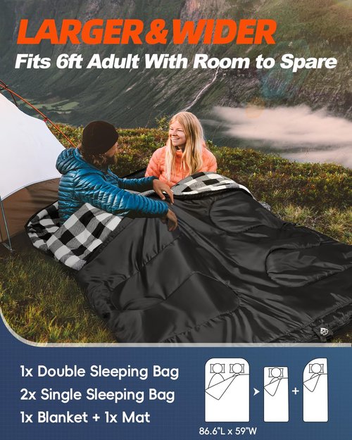 MEREZA Flannel Double Sleeping Bag for Adults Cold Weather, XL Queen Size Sleeping Bag for All Season 2 Person Big and Tall Sleeping Bags for Camping 0 Degree with Pillow