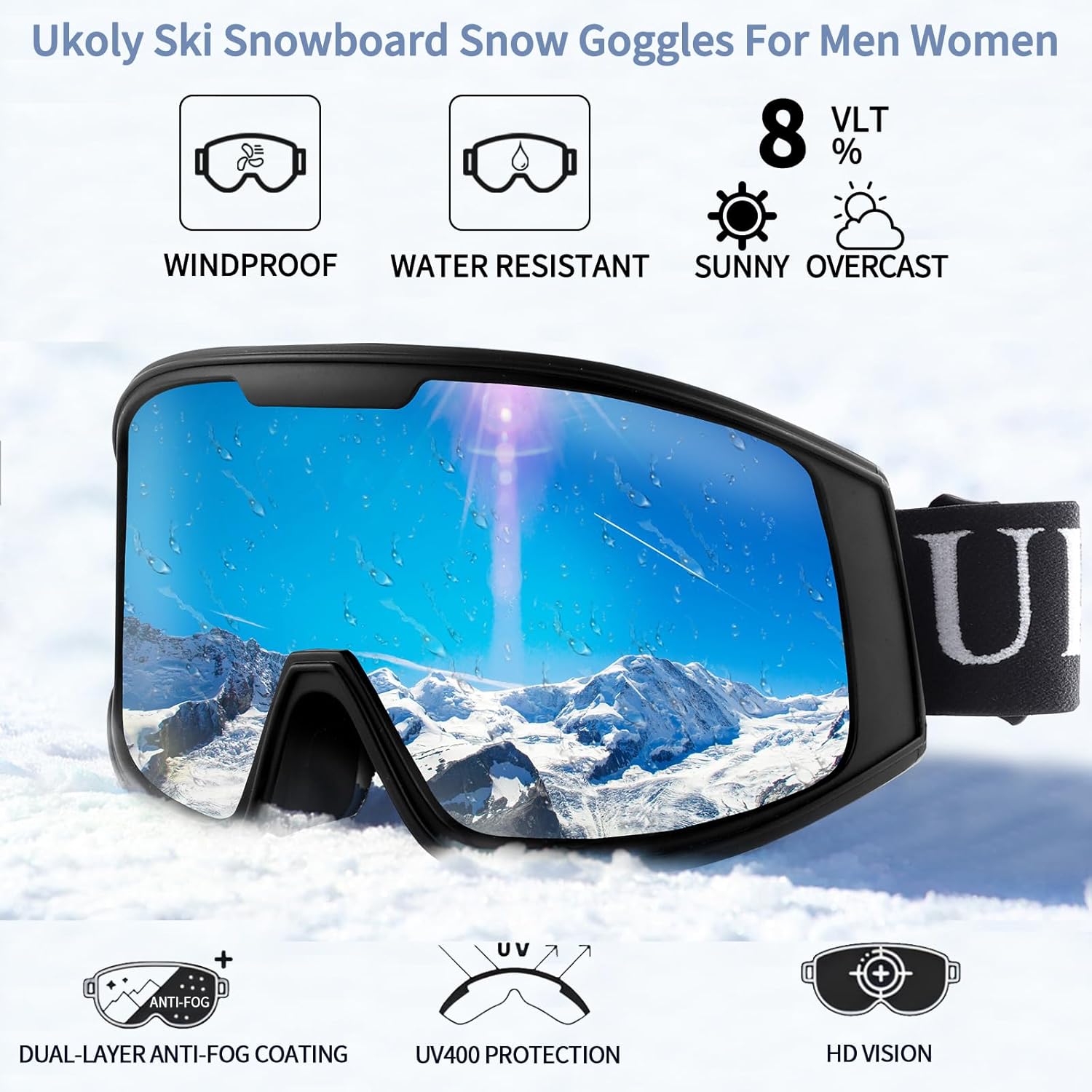 Ukoly Ski & Snowboard Goggles - HD Anti-Fog Lens, OTG Design, UV400 Protection | Windproof for Men & Women