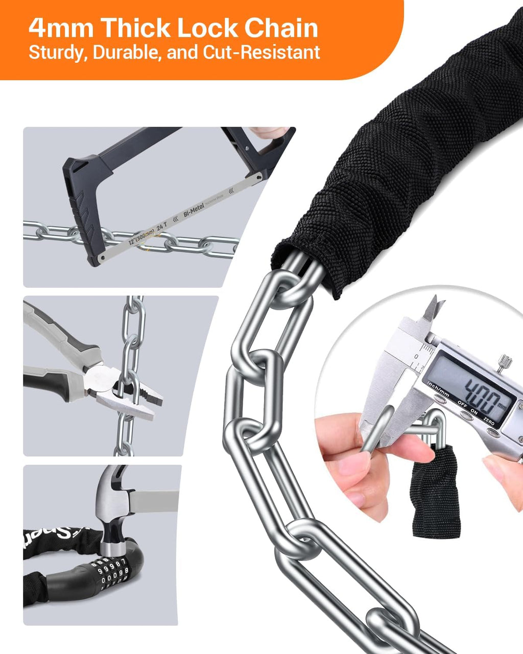 Sportneer Bike Lock - High Security 5-Digit Combination Chain Lock | Keyless Design, 3.2/3.6/4ft Length, 4/6mm Thickness