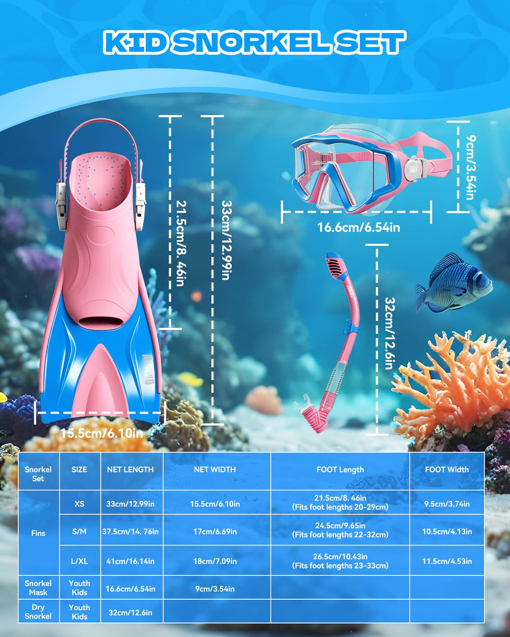 Aegend Snorkeling Gear Set for Kids - Anti-Fog Diving Mask, Adjustable Fins & Dry Snorkel, Full Snorkel Kit for Youth Swimming & Diving (Ages 5-15) (Pink, S/M)