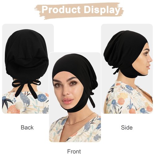 XEPST 3 PCS Hijab Undercap for Women, Islamic Muslim Full Cover Under Hijabcap Milk Silk Fabric Hijab Underscarf Solid Color Adjustable Tie Back Inner Head Scarf Turbans for Women Chemo Sleep Cap