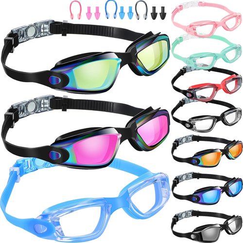 Konohan Swim Goggles - 10 Pack Anti-Fog, No Leak Silicone for Kids & Adults | Includes Ear Plugs & Nose Clips