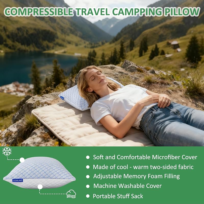 Travel Pillow - Small 2 Pack with Compressible Shredded Memory Foam (Blue White) and Storage Bag