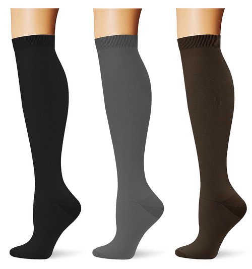 (3 pairs) Compression Socks 20-30 mmHg Long Knee High Socks for Women and Men Black/Darkgrey/Coffee S/M