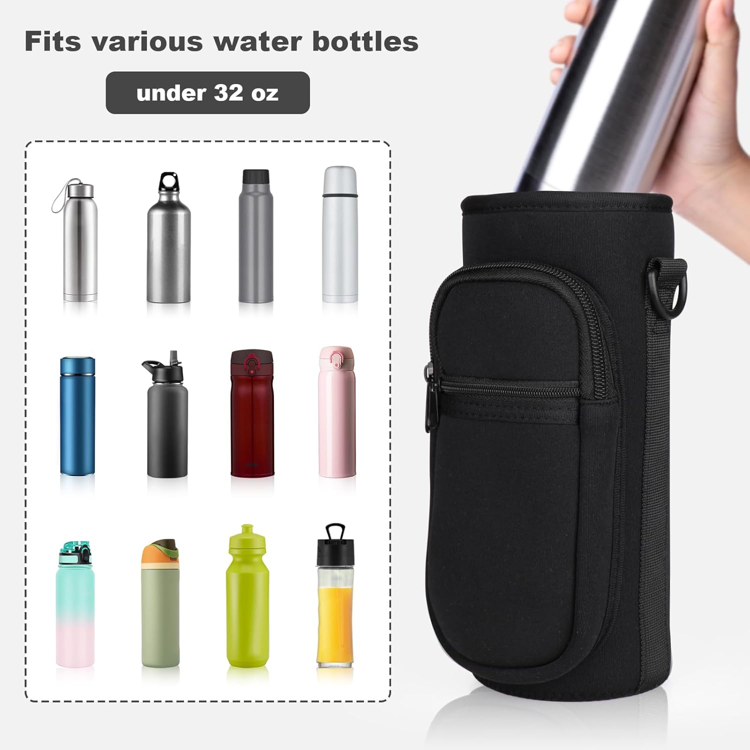 Skiennix Water Bottle Holder - Insulated Neoprene Carrier Bag with Phone Pocket | Fits 32/40 oz for Hiking & Gym