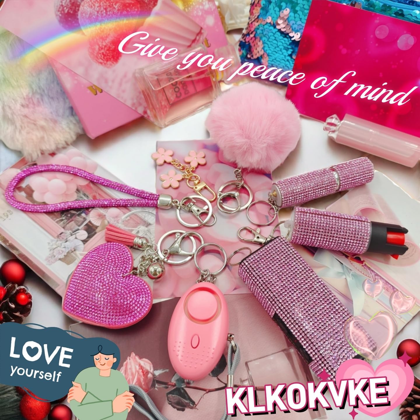 Skiennix Gift Keychain Set - Stylish Wrist Strap, Heart Accessory, Petal Decor & Pom Pom
