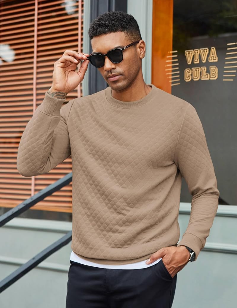 COOFANDY Khaki Large Men's Crewneck Sweatshirt – Long Sleeve Knit Pullover