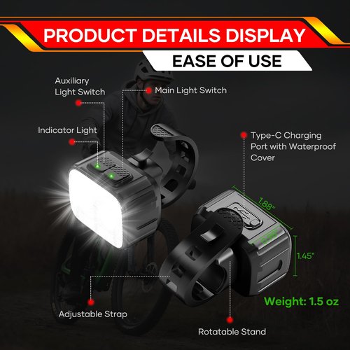 HinsGEAR Bike Lights Rechargeable Bicycle Light Super Bright 8+12 Modes, IPX6 Waterproof Bike Lights for Night Riding Cycling Safety, Front and Rear Back Taillight, Long Battery Life