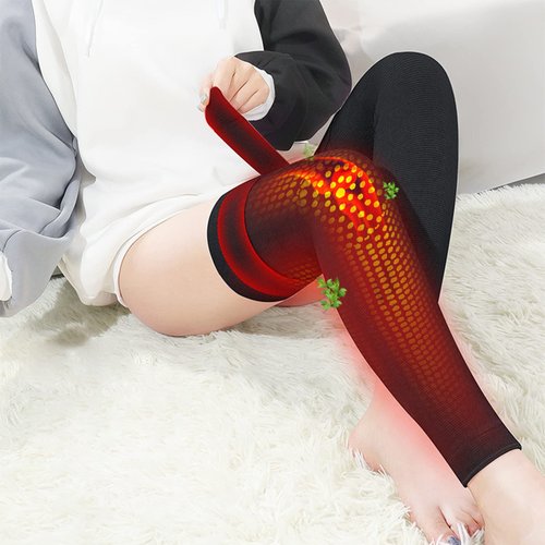 Clobeau Self-Heating Wormwood Knee Pads, Long Self Heating Knee Brace Sleeve, Tourmaline Therapy Knee Support, Thermal Cotton Leg Warmer Knee Pads for Cold Weather (L)