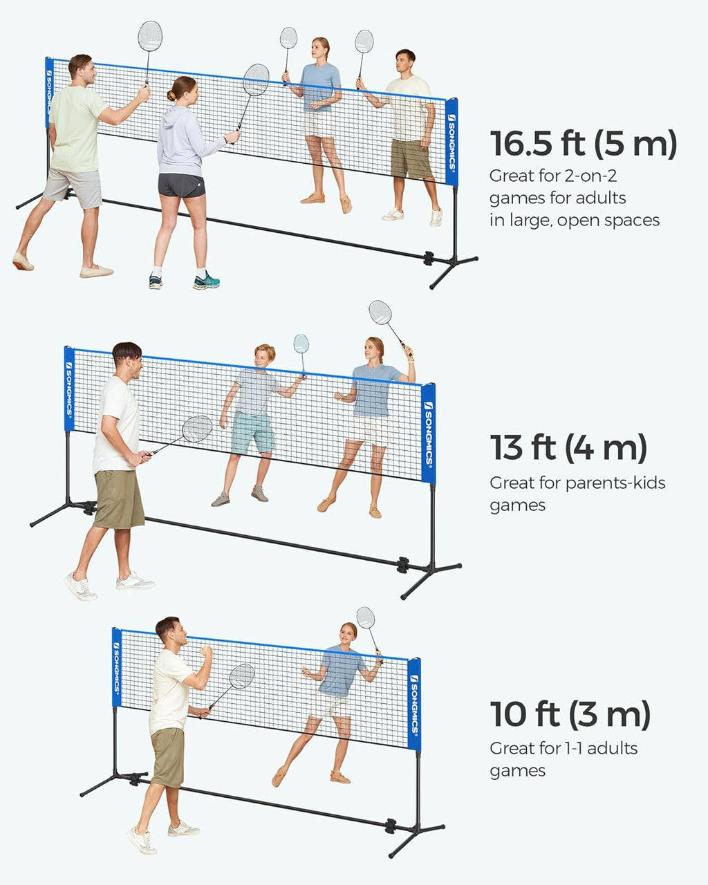 SONGMICS Adjustable Badminton & Volleyball Net - Foldable Nylon for Kids & Juniors | 10ft/13ft/16.5ft Wide