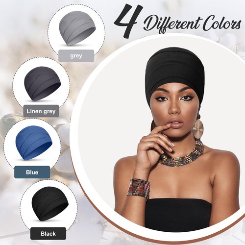 Zhengmy 4 Pcs Cotton Chemo Sleep Cap for Women, Soft Cancer Beanie Hat Headwear Turban Stretchy Skull Cap Hair Loss Head Wrap(Black, Gray-blue, Light Gray, Dark Gray)
