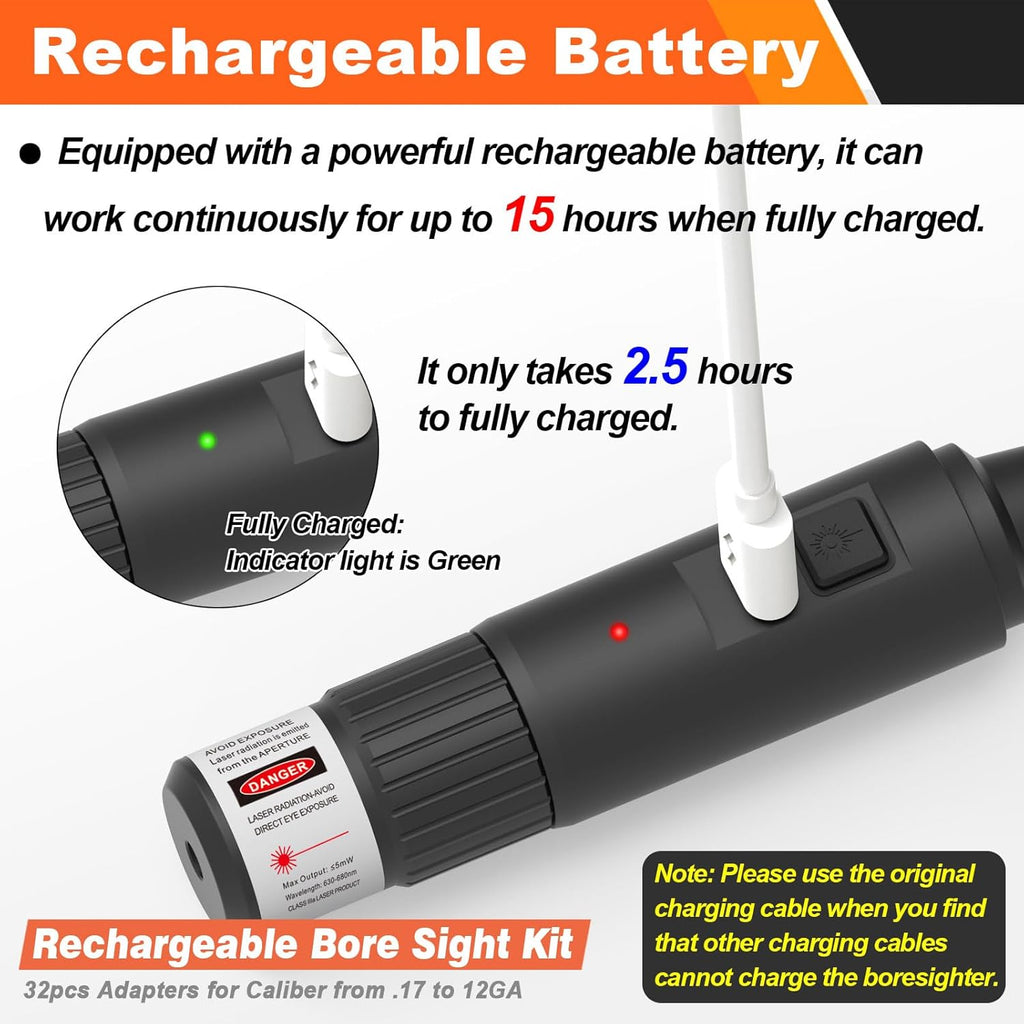 Upgraded Bore Sight Laser by [Brand Name] - Rechargeable Green/Red Laser with 32 Adapter Kit | Fits .17 to 12GA Calibers