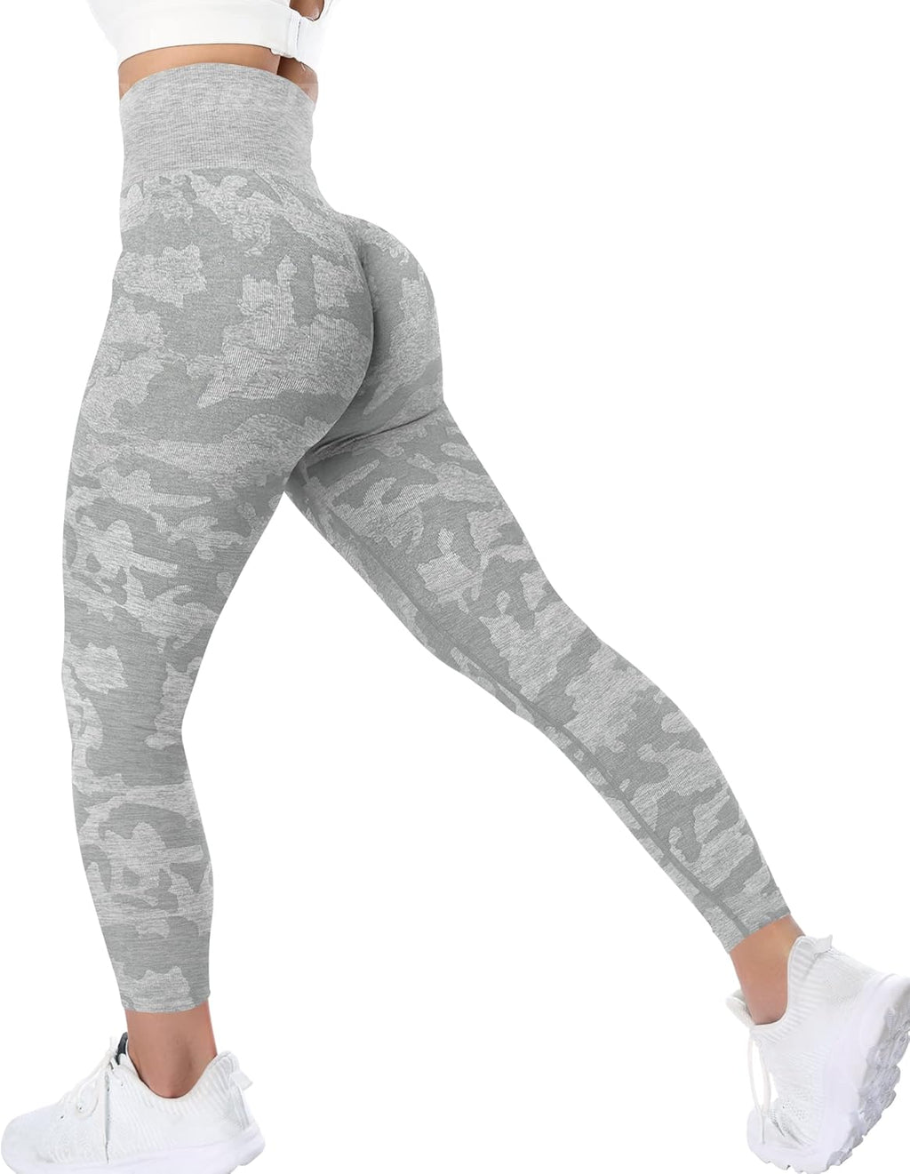 YEOREO Women's High-Waisted Camo Workout Leggings - Seamless Tummy Control Yoga Pants | Grey, Size M