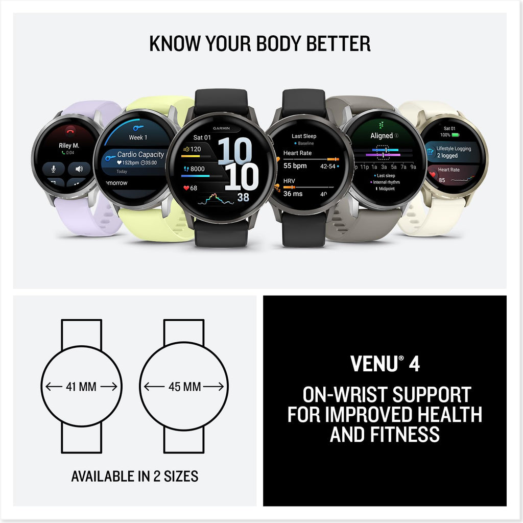 Garmin Venu 4, 41mm, Advanced Fitness and Multisport Tracker GPS Smartwatch, 1.2" AMOLED Display, Built-in Flashlight, 10 Days of Battery Life, Lunar Gold with Bone Silicone Band (Watch Bundle)