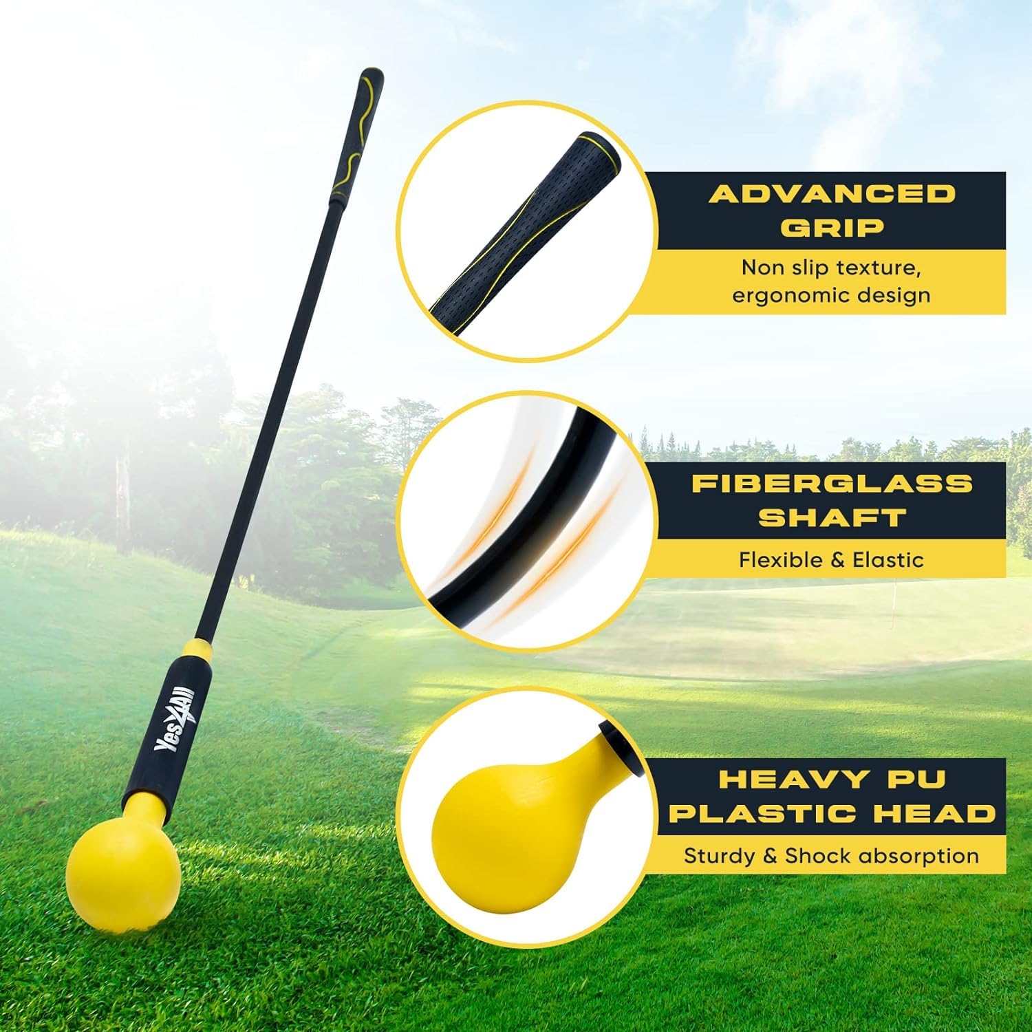 Yes4All 48 Inches Golf Swing Trainer, Golf Warm-Up Alignment Stick for Tempo, Rhythm, Balance, and Strength Training for Chipping - Yellow