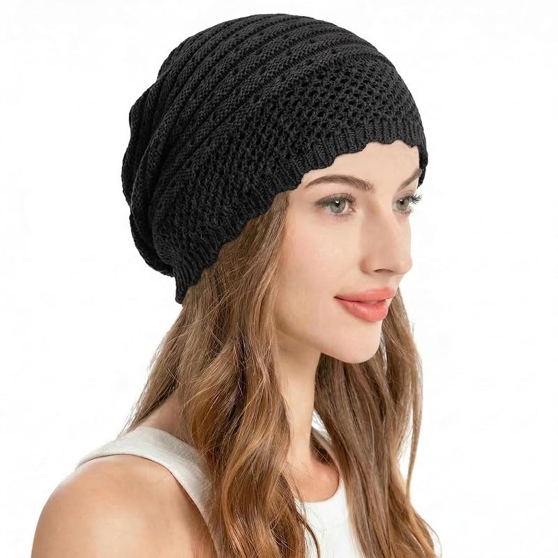 Crochet Slouchy Beanie for Women - One Size, Plain Black (Variation: Plain Black+One Size)