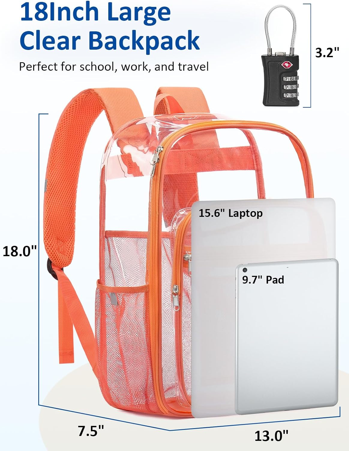Skiennix Extra Large Clear Backpack - TSA Lock, Heavy Duty Transparent Bookbag for College & Travel | Orange