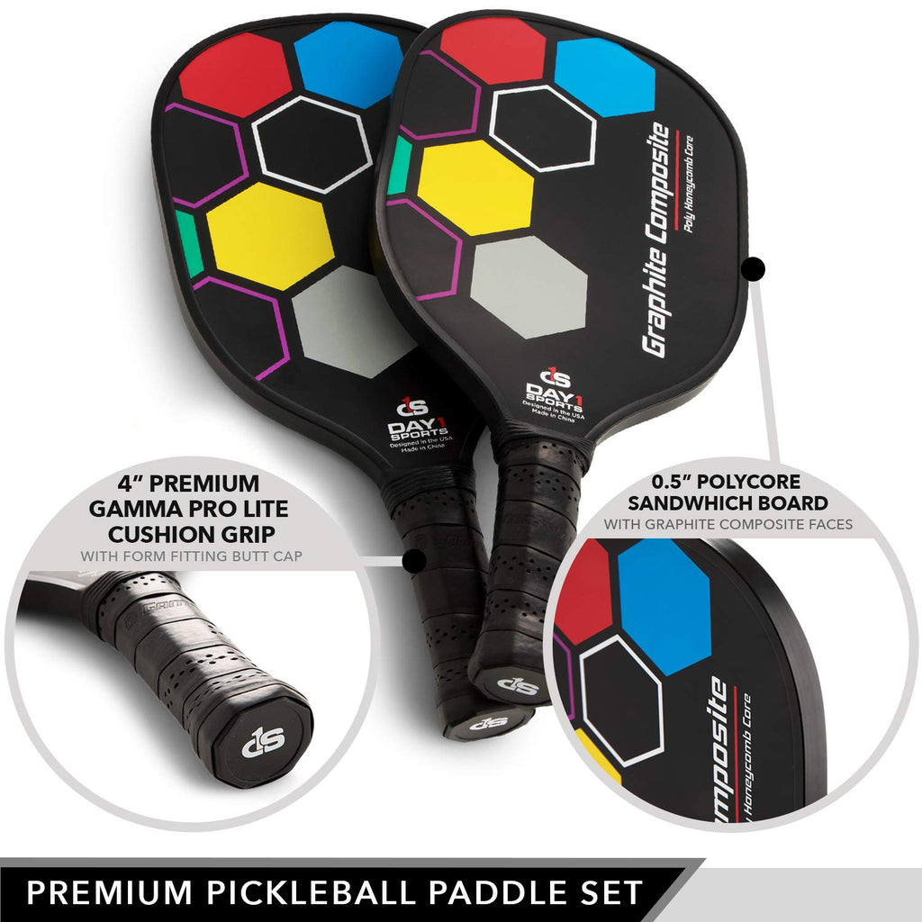 Premium Pickleball Set – 2 Paddle Set with Mesh Carry Bag, 4 Balls by Day 1 Sports - Durable Pickle Ball Paddles with Cushion Comfort Grip and Accessories - Graphite-Face Racquets, Pickleballs