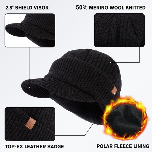 TOP-EX PolarWool™ 50% Merino Wool Winter Hat for Men Women Visor Beanie with Brim Fleece Lined Knit Skull Cap for Cold Weather Outdoor Hiking Skiing Black M/L