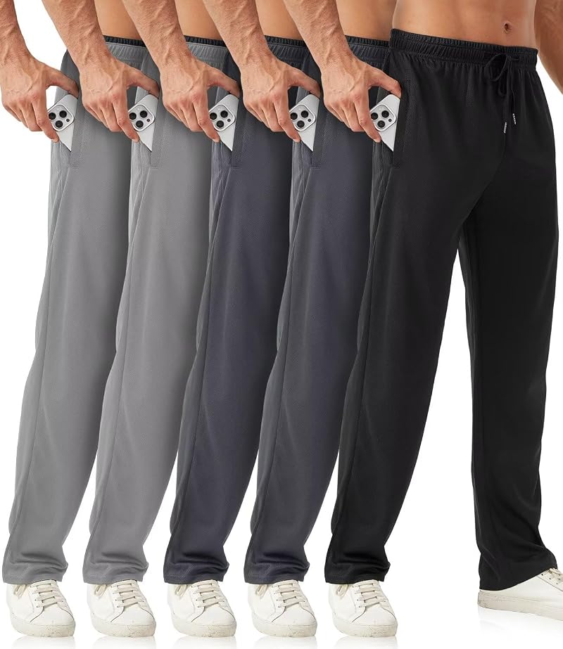 Mens Joggers 5 Pack with Zipper Pockets Open Bottom Mesh Athletic Pants for Running & Workout - Includes Black, Dark Gray, Light Gray