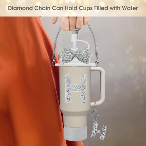 8Pcs Silvery Stanley Cup Accessories Set for Stanley Cup 30&40 Oz Tumbler - Silicone Straw Cover Cap and Boot, Handle Letter Charm, Bow Decoration Initial Sticker, Diamond Water Bottle Handle Strap(H)
