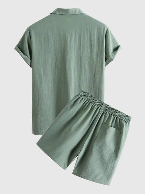 ZAFUL Men Short Sleeve Sets Button Up Pockets Notched Collar Shirt and Drawstring Shorts Set Camouflage Green L