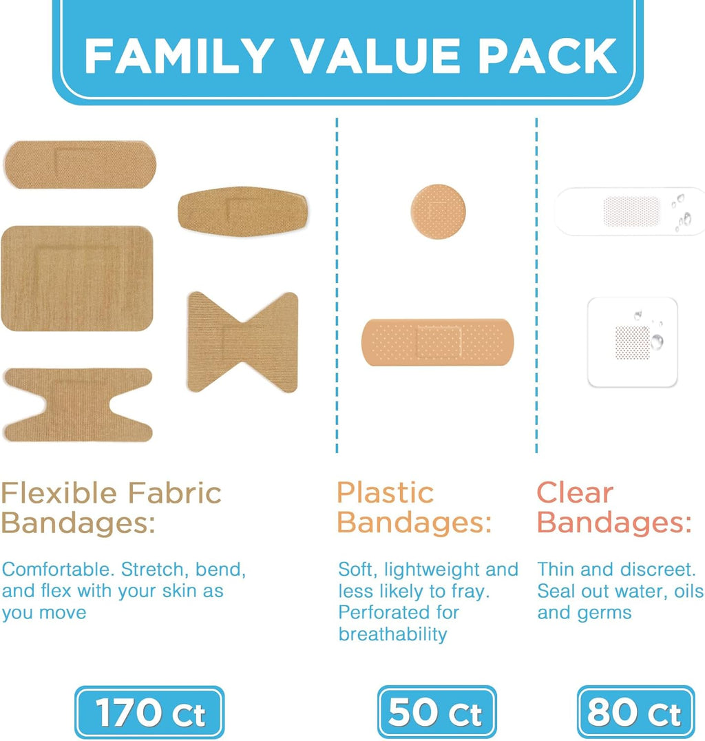 OK TAPE Assorted Adhesive Bandages - 300 Ct Sterile Wound Protection | 9 Sizes, Latex-Free, Waterproof