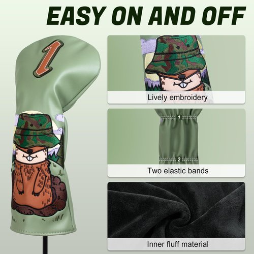 BIG TEETH Groundhog Driver Headcover Funny Gopher Driver Head Cover for 460cc Club, Woodland Golf Head Covers for Woods and Driver Pu Leather