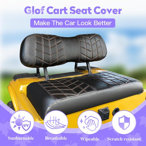 PZWLI 4PCS Golf Cart Seat Covers Kit, Front and Rear Seat Covers,Vinyl Seat Covers Accessories, No Staples（Black&Brown Stitch） (Fits Club Car DS 2000.5-Up)